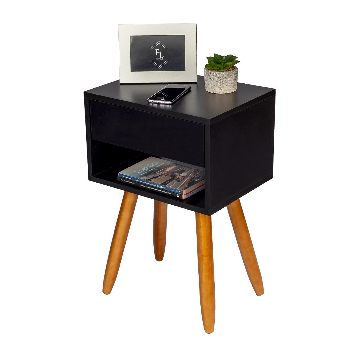 Miniatura Mesa Cabeceira Preto Retro 55Cm Altura Pés Castanhos