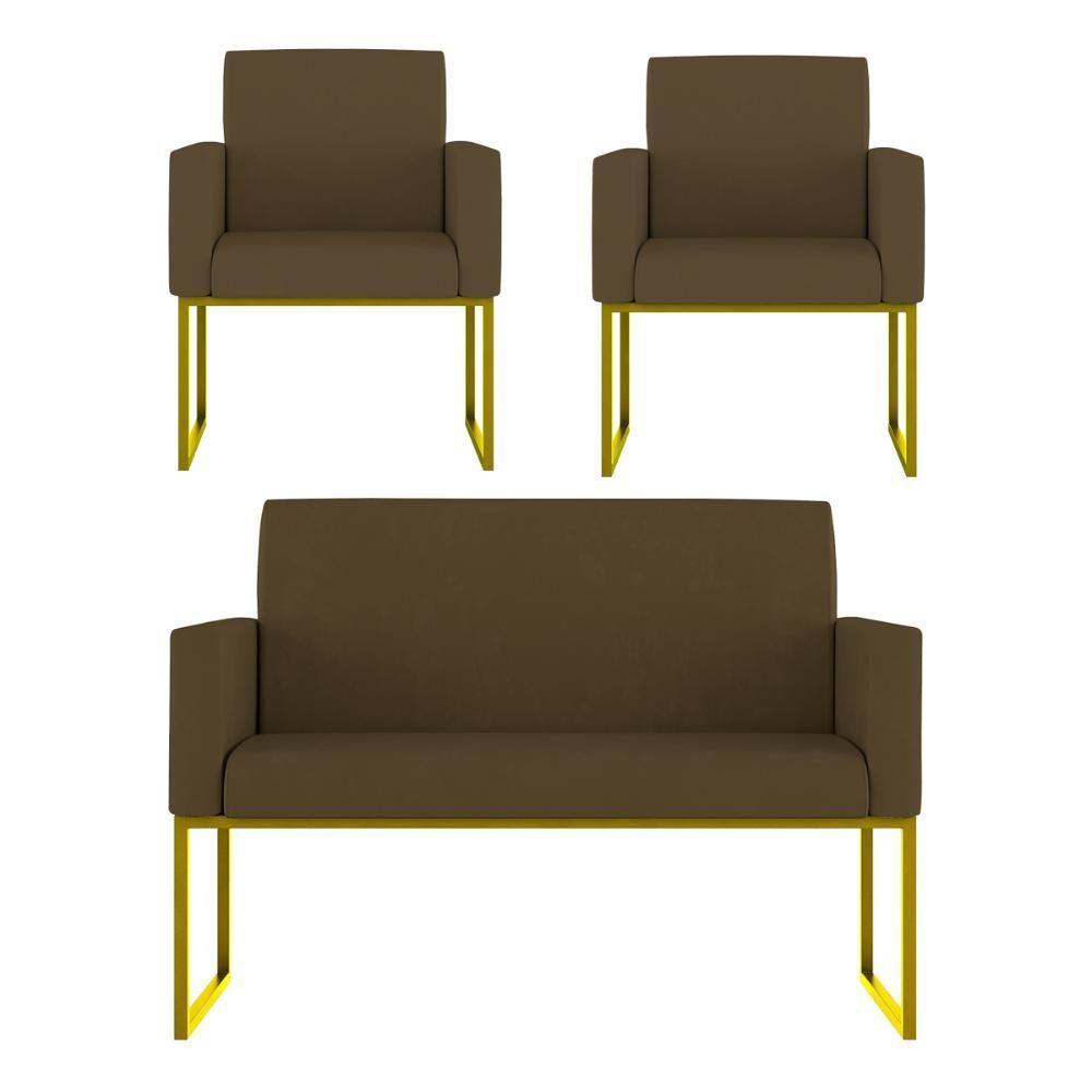 Kit Sofá 2 Lugares + 2 Poltronas Recepção Sala Base Dourada Cor:marrom Marrom