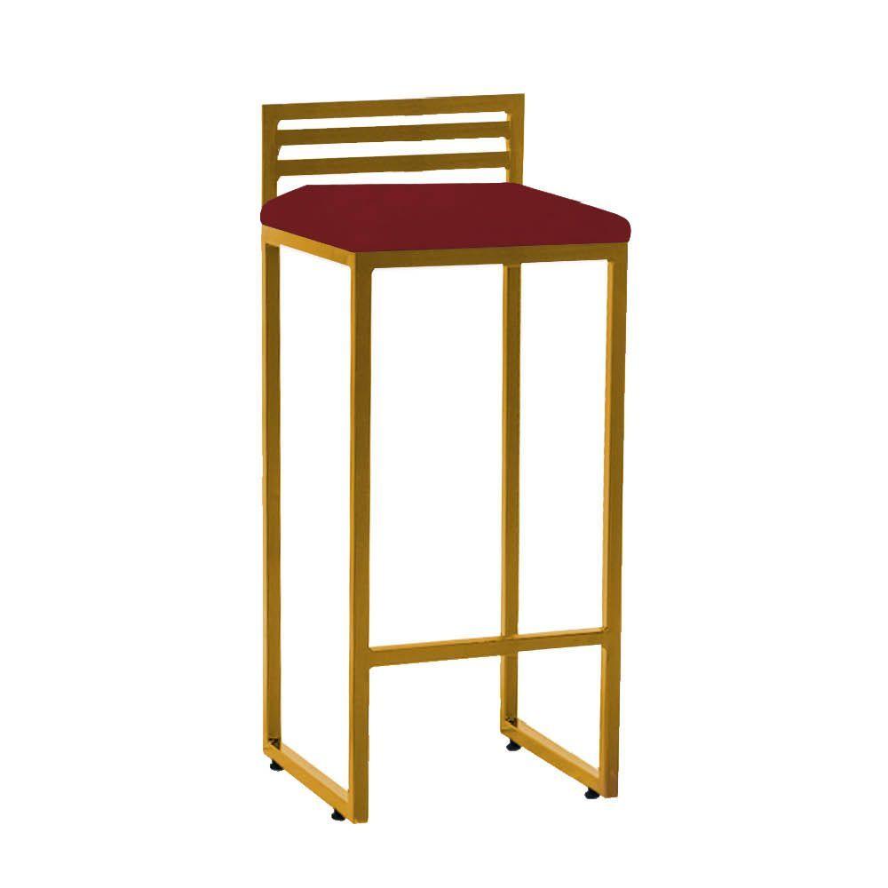 Miniatura Banqueta Alta Com Encosto Núria Balcão Bar Cozinha Bistrô Ferro Dourado Corino Vermelho