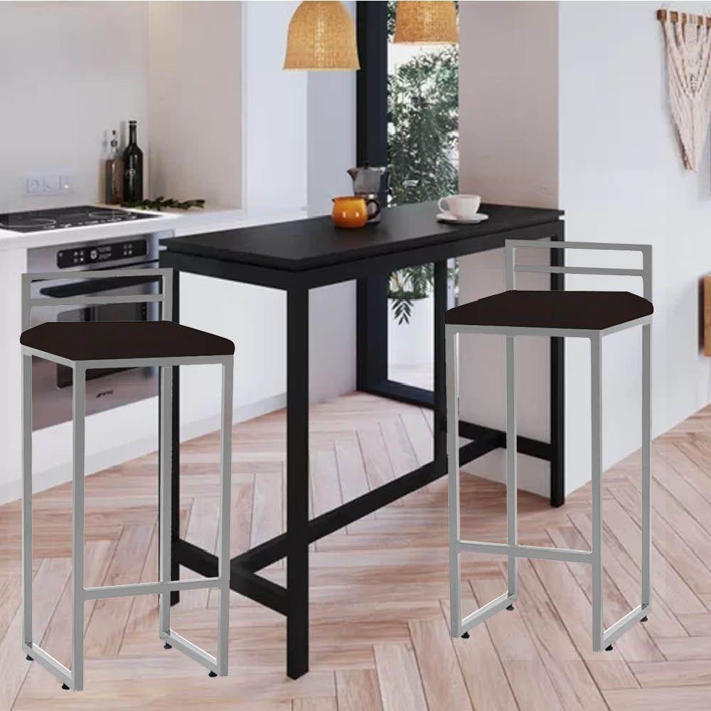 Miniatura Banqueta Alta Com Encosto Petra Balcão Bar Cozinha Bistrô Ferro Cinza Sintético Marrom