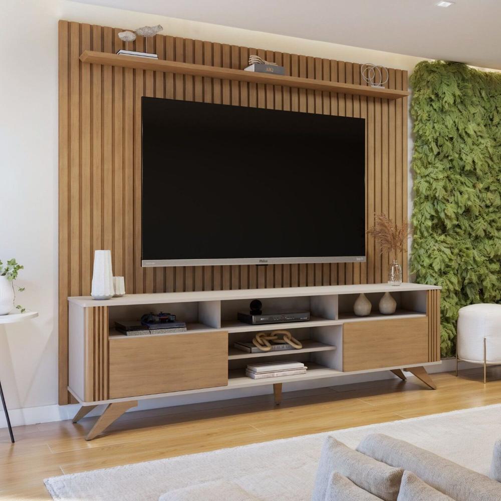 Miniatura Rack Bancada Mariana Pés Madeira Maciça com Painel Vitória para TV até 65 Polegadas Off White/Cinamomo