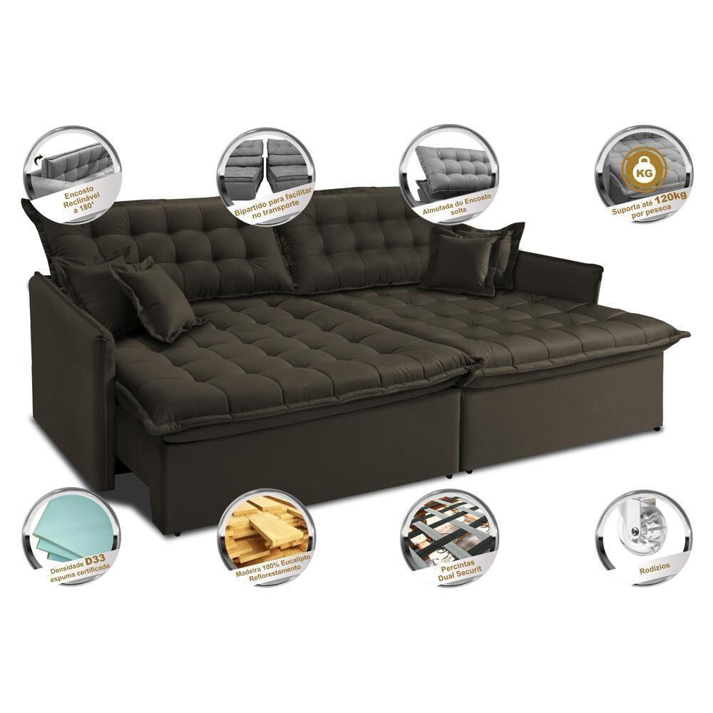 Sofá Sem Caixa Retrátil E Reclinável 1,75m Cama Inbox Versátil Suede Velusoft Café