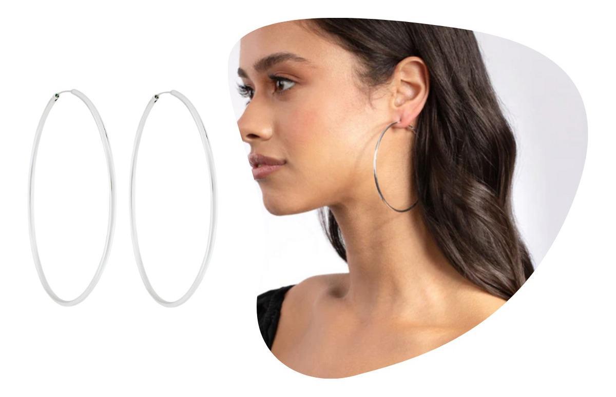 Miniatura Par Brinco Argola 7Cm Fio 2Mm Prata Maciça 925 Elegante
