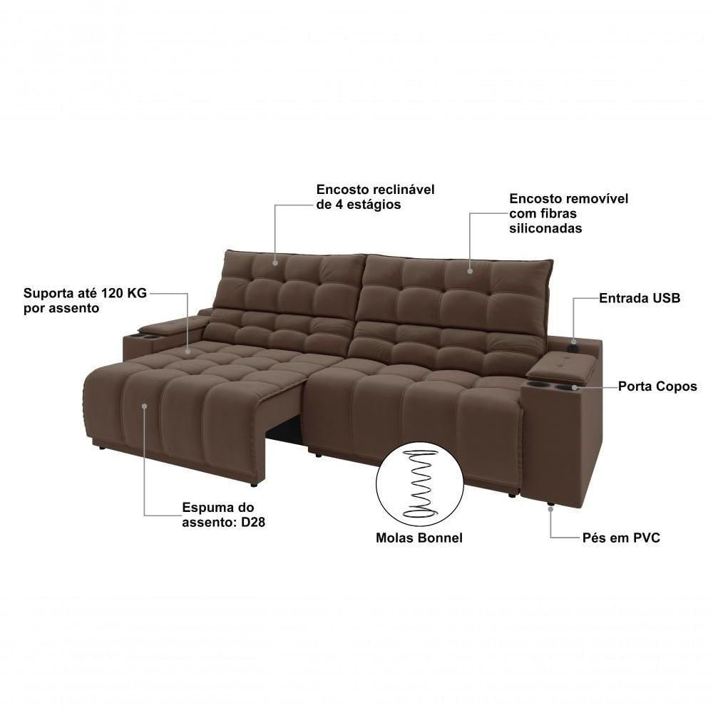 Miniatura Sofá Connect Premium 2,30m Assento Retrátil-reclinável Com Porta Copos E Entrada Usb Suede Marrom
