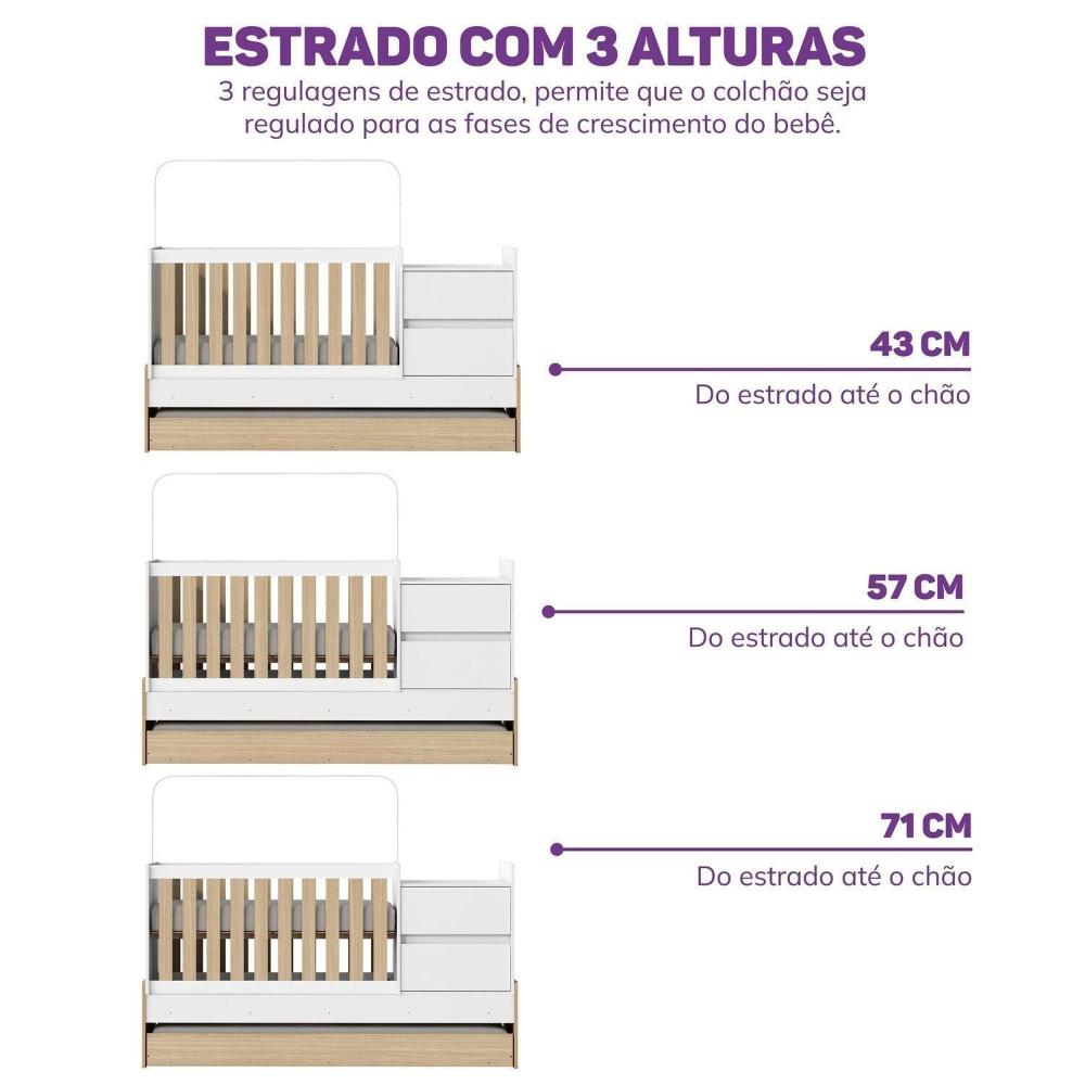 Berço Cama Multifuncional Auri com 2 Gavetas e Cama Auxiliar Casatema Carvalho Mel/Branco