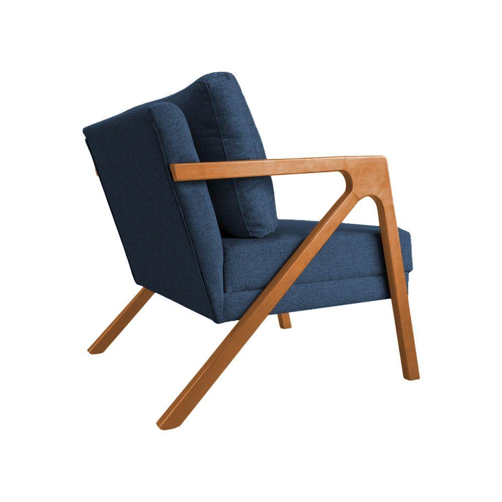 Miniatura Poltrona Mona Monique Luxo Base Madeira Maciça Cerejeira Linho Azul