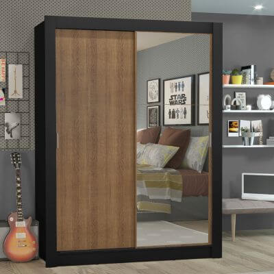 Miniatura Guarda-Roupa Solteiro Madesa Denver 2 Portas de Correr com Espelho Preto/Rustic Cor:Preto/Rustic
