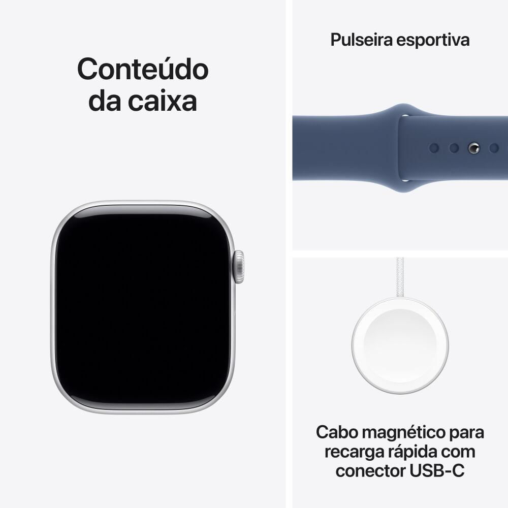 Miniatura Apple Watch Series 10 GPS + Cellular • Caixa prateada de alumínio – 46 mm • Pulseira esportiva denim – P/M