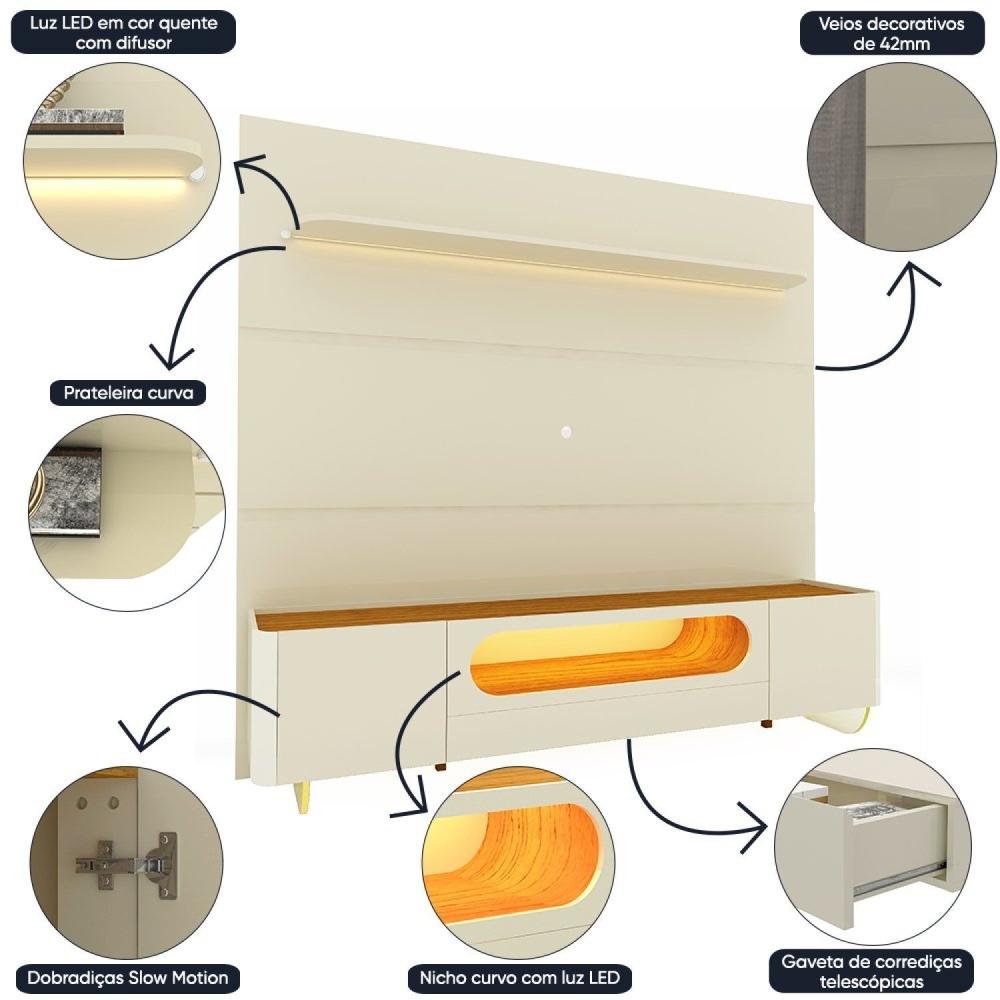Miniatura Rack com Painel para Tv até 85 Polegadas 1 Gaveta 2 Portas com Led 1 Prateleira Off White/Off White-Naturale