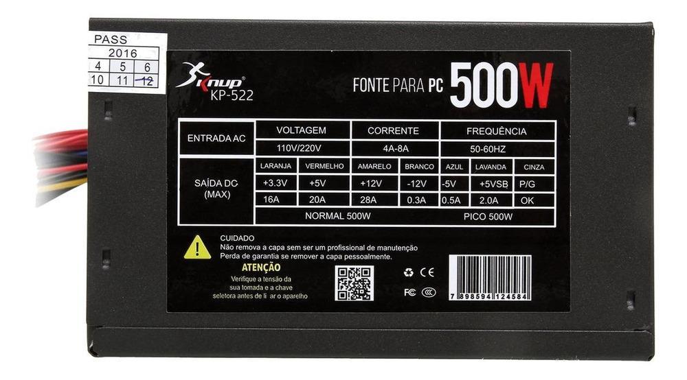 Miniatura Fonte de Alimentação para PC Knup KP-522 500W Preto ATX