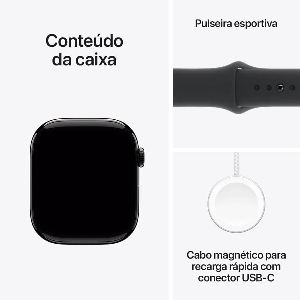 Apple Watch Series 10 GPS • Caixa preta brilhante de alumínio – 46 mm • Pulseira esportiva preta – P/M