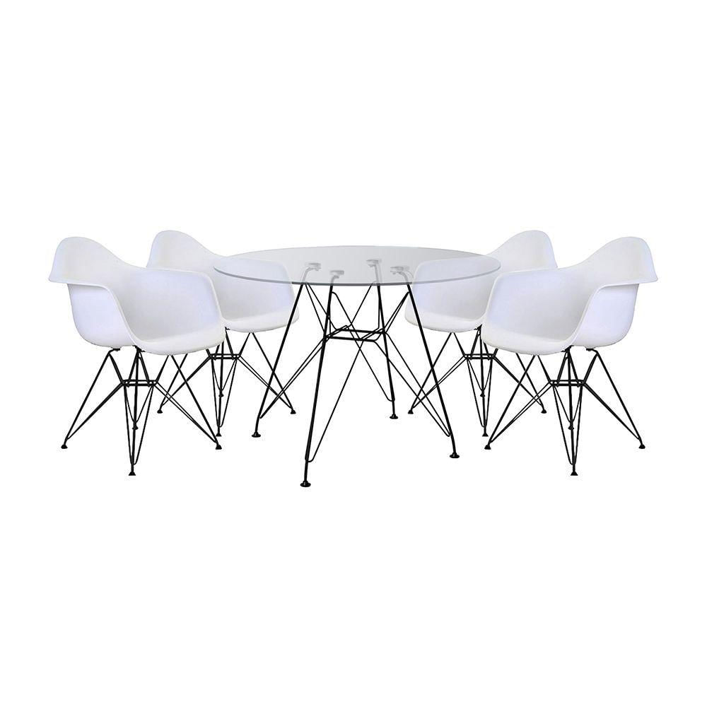 Miniatura Mesa De Vidro Redonda 90Cm Com 4 Poltronas Brancas Ferro Preto Branco