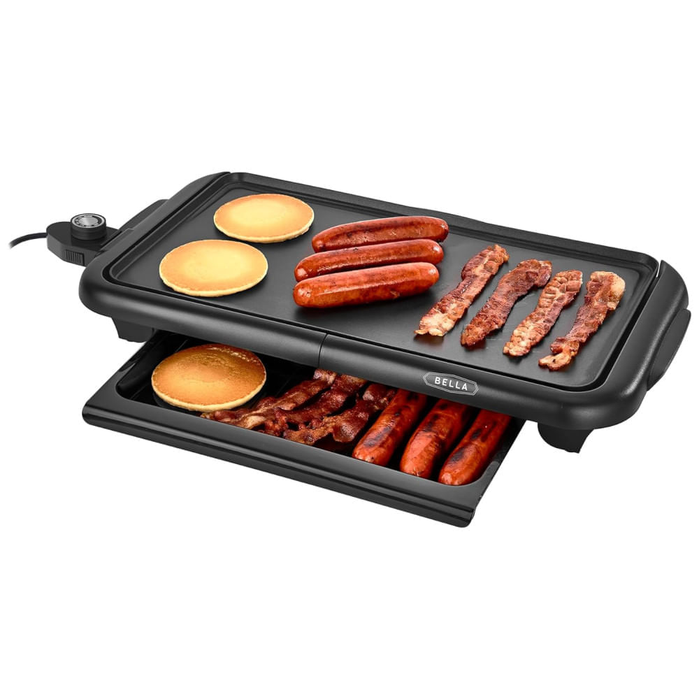 Miniatura Churrasqueira Elétrica Bella com Bandeja Aquecedora, Grill Sem Fumaça, Antiaderente, Controle de Temperatura, Cabos Isolados, 25 x 45 cm