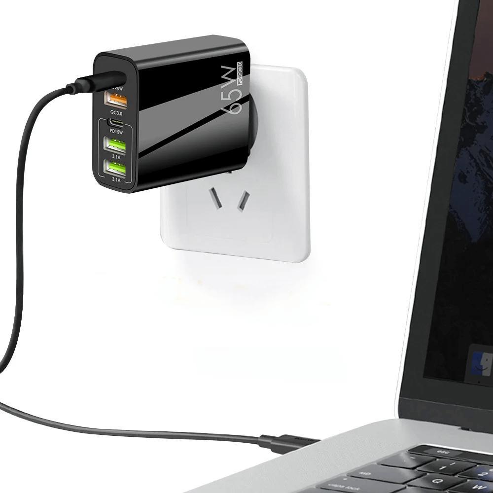 Carregador Turbo Pd 65W 5 Em 1 Fast Charge 3X Usb-A 2X Usb-C