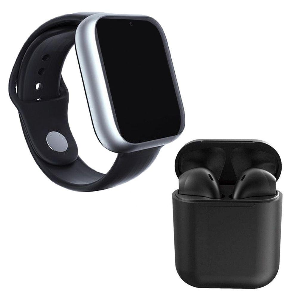 Miniatura Kit 1 Relógio Smartwatch Prata +1 Fone Bluet Inpods 12 Preto