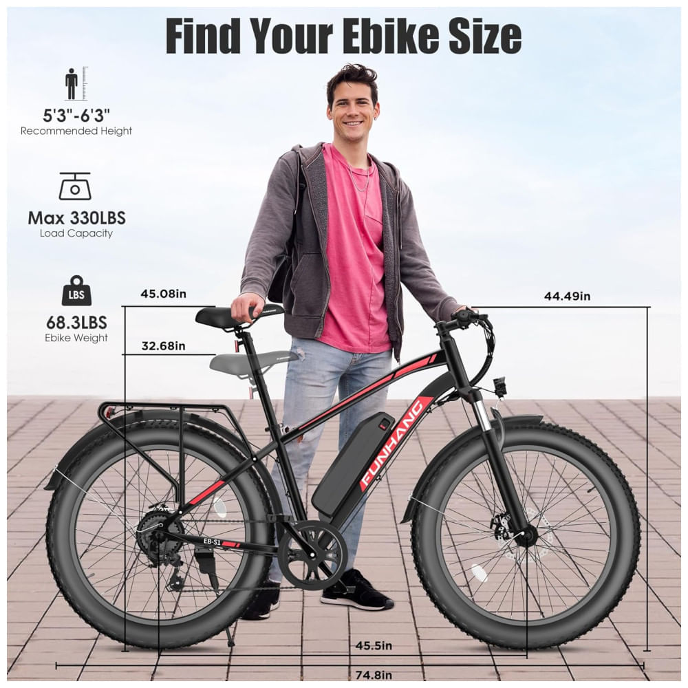 Bicicleta Elétrica para Adultos Funhang EB-S1, 1000W, 25MPH, 60 Milhas, Mountain Bike Elétrica 26' com Pneus Largos, Bateria 48V 13AH, Bagageiro, Susp