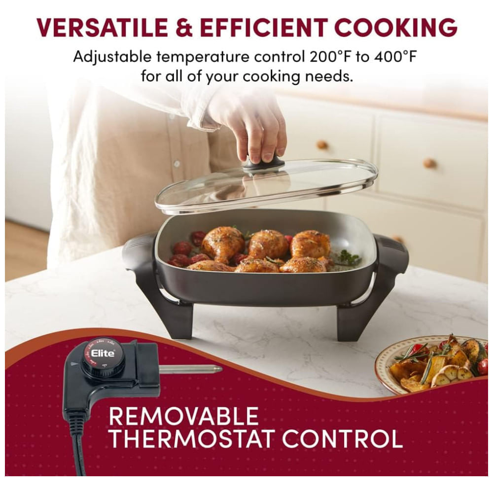 Frigideira Elétrica Cerâmica Elite Gourmet EG2212 30,48x30,48x5,46 cm, Livre de PFAS, Cinza Escuro