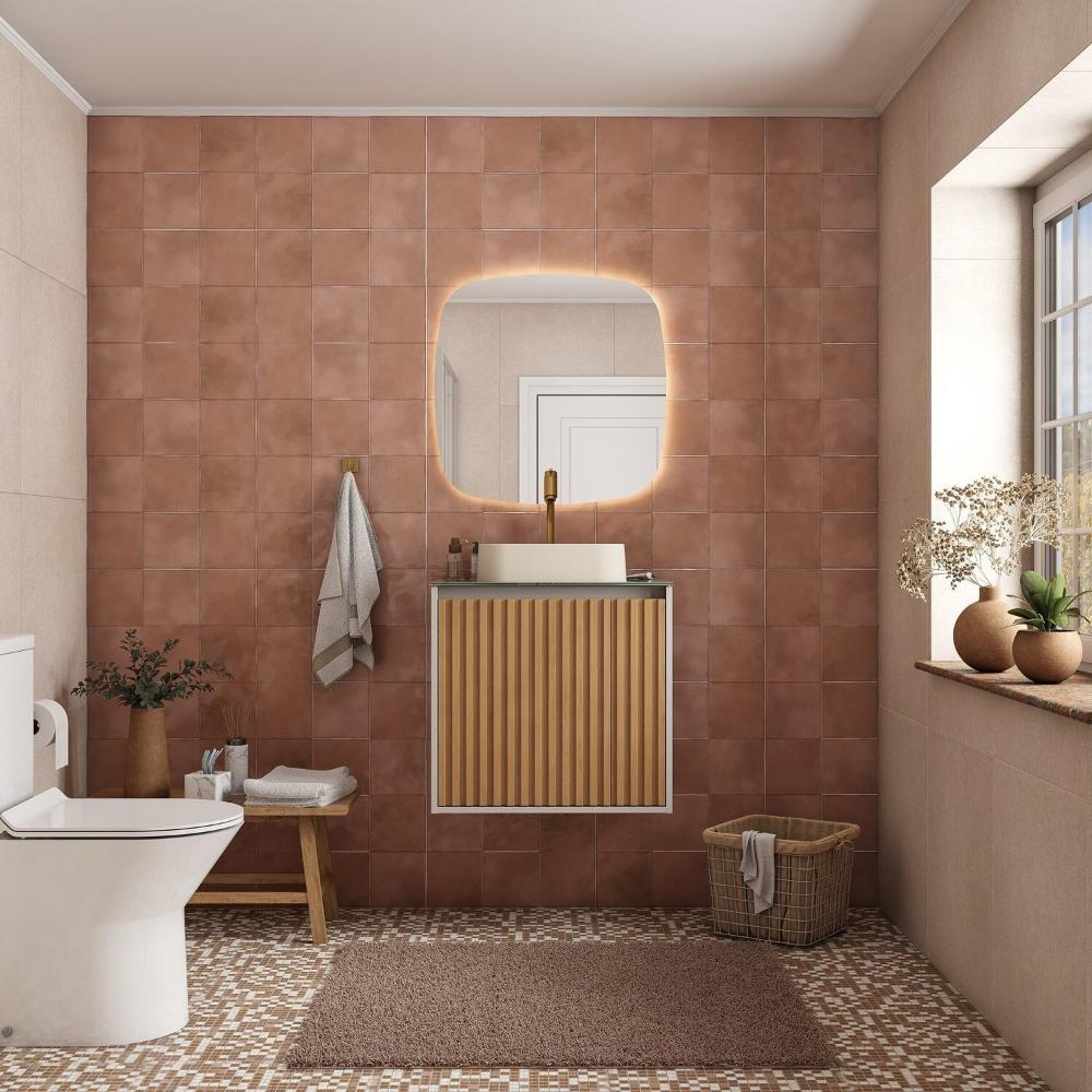 Miniatura Gabinete para Banheiro Ripado com Tampo de Vidro Nude/Jequitiba