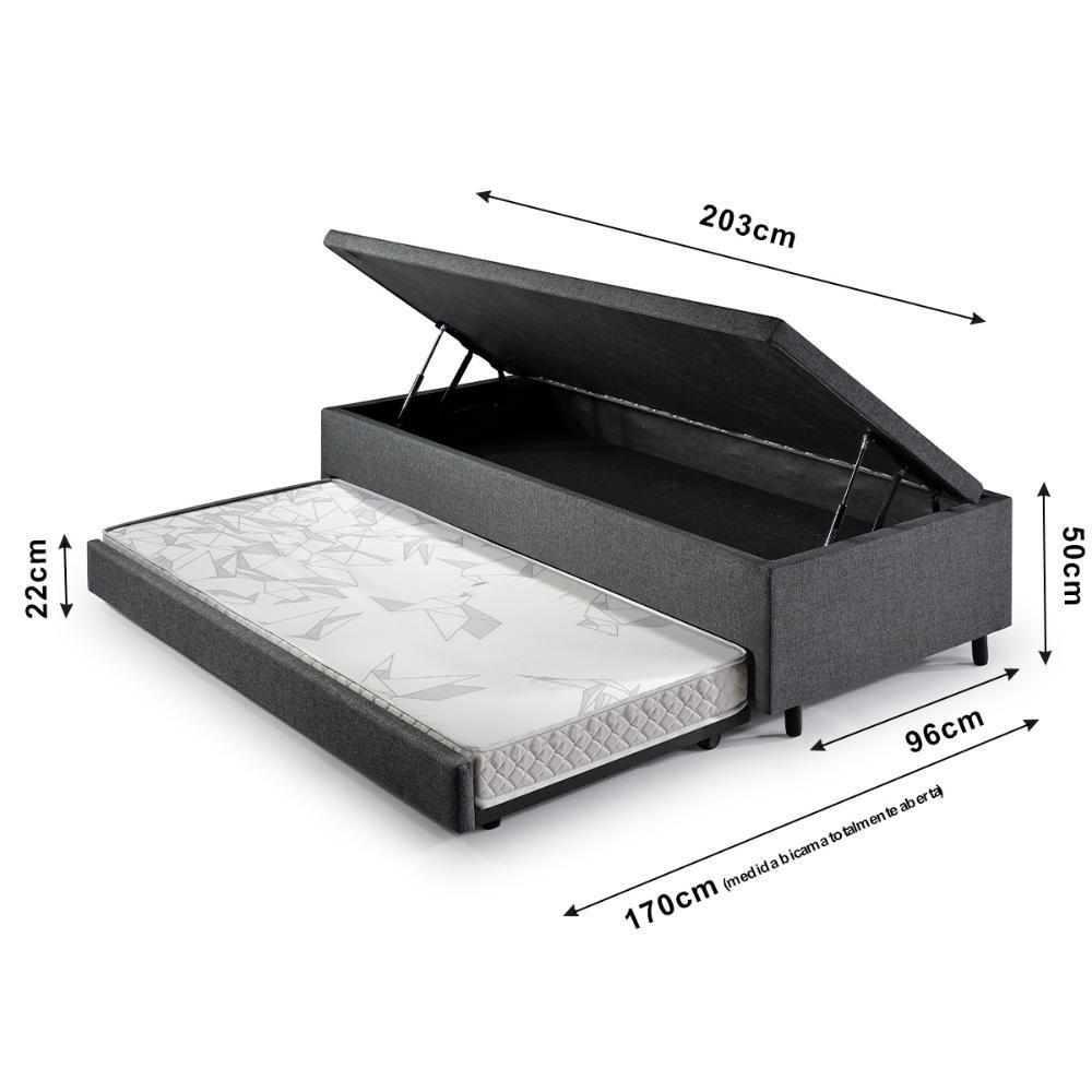 Bicama Box Com Baú Solteirão 96x203 Com Colchão Auxiliar Linho Cinza