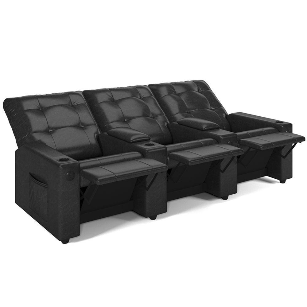 Miniatura Poltrona Reclinável Para Cinema Parma 3 Lugares Baú Usb Pu Brilho Fh1 - D'rossi Cor Preto