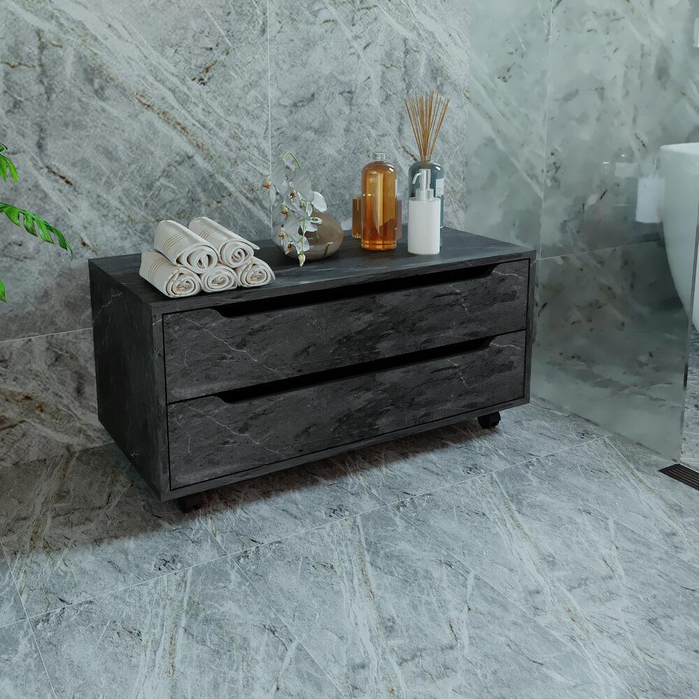 Miniatura Gabinete Banheiro 80cm 2 Gavetas Retrô com Rodízios Multimóveis CR10121 Mármore Lunar
