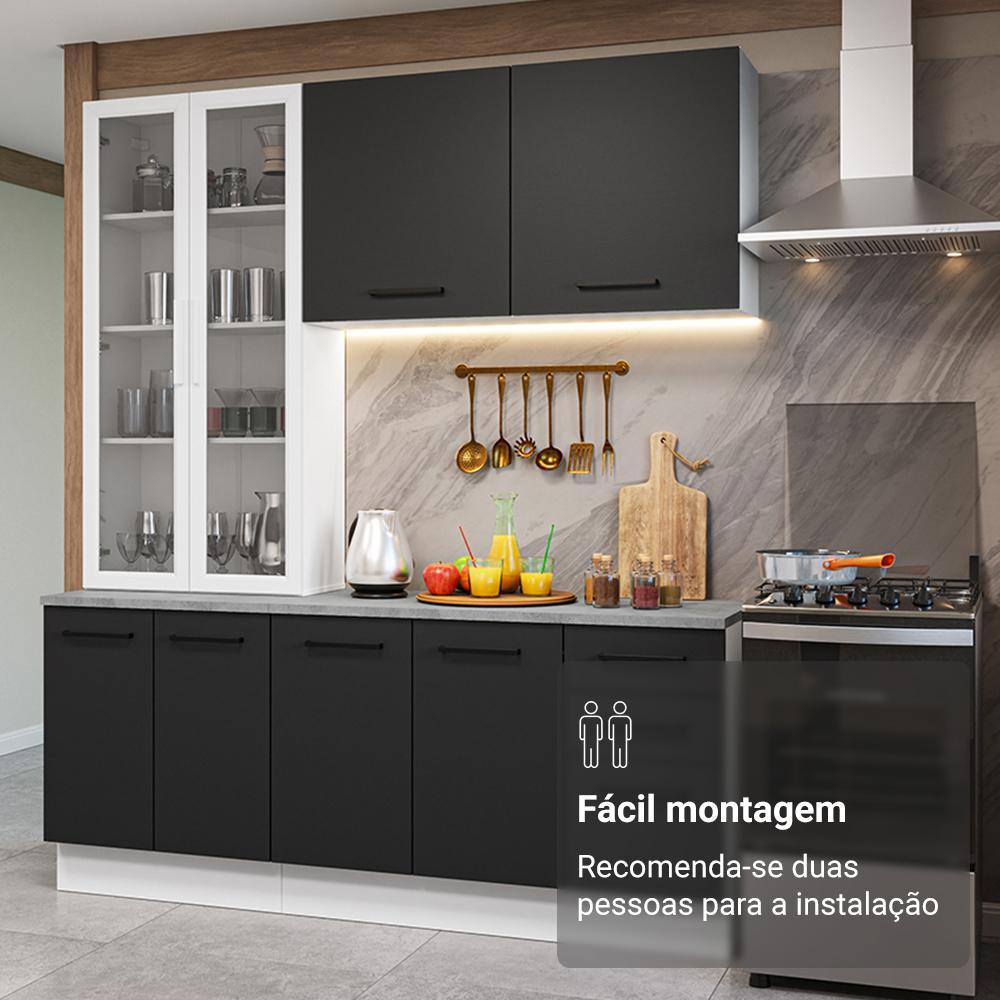 Armário de Cozinha Compacta 190cm com Cristaleira Branco/Preto Agata Madesa 01 Branco/Preto