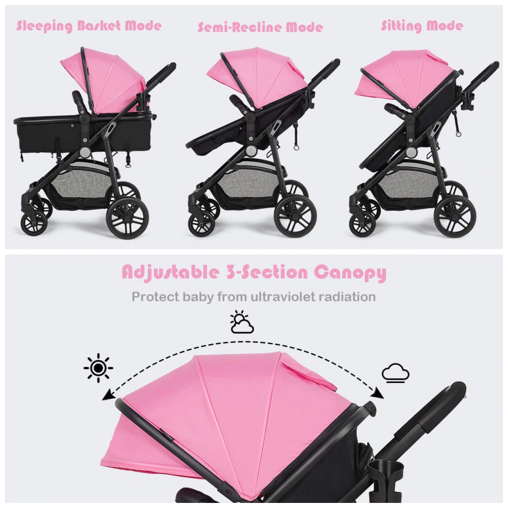 Miniatura Carrinho de Bebê 2 em 1 com Suspensão e Porta Copos, Baby Joy, Rosa