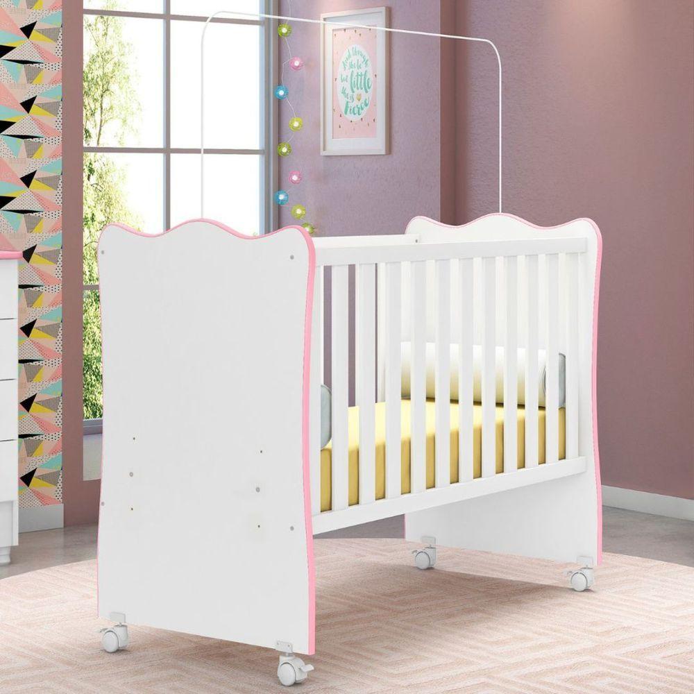 Miniatura Berço De Bebê Com Rodinhas Para Quarto Infantil Doce Sonho branco Rosa