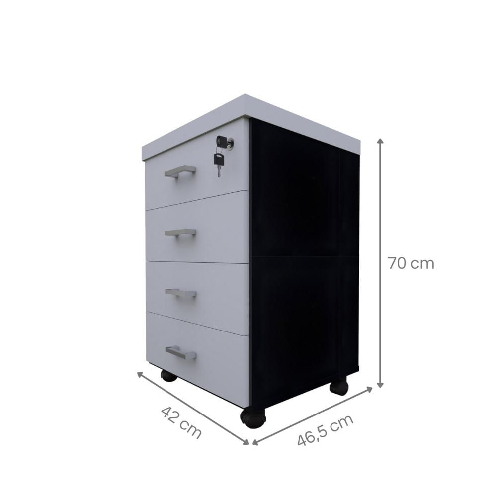 Gaveteiro Volante com 4 Gavetas para Escritório ou Home Office Preto/Cinza Cristal