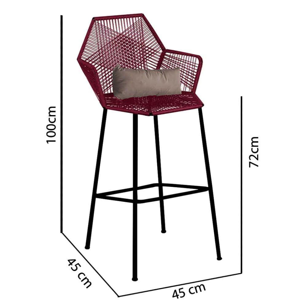 Miniatura Banqueta Alta Com Encosto Ferro Preto Fibra Marsala Almofada Corino Bege