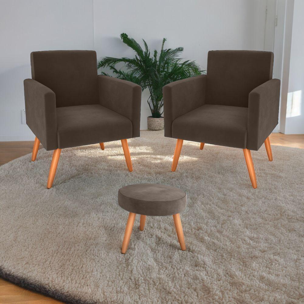 Miniatura Conjunto Poltronas E Puff Iara Veludo Marrom
