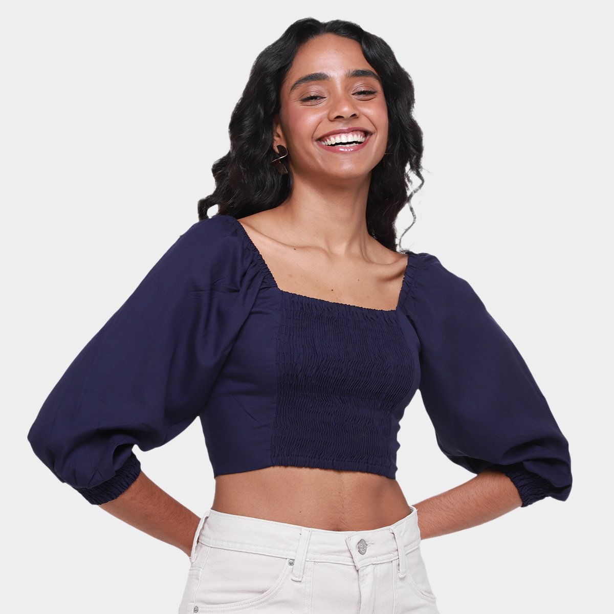 Miniatura Blusa Cropped Mercatto Amarração Costas Feminina Marinho - M