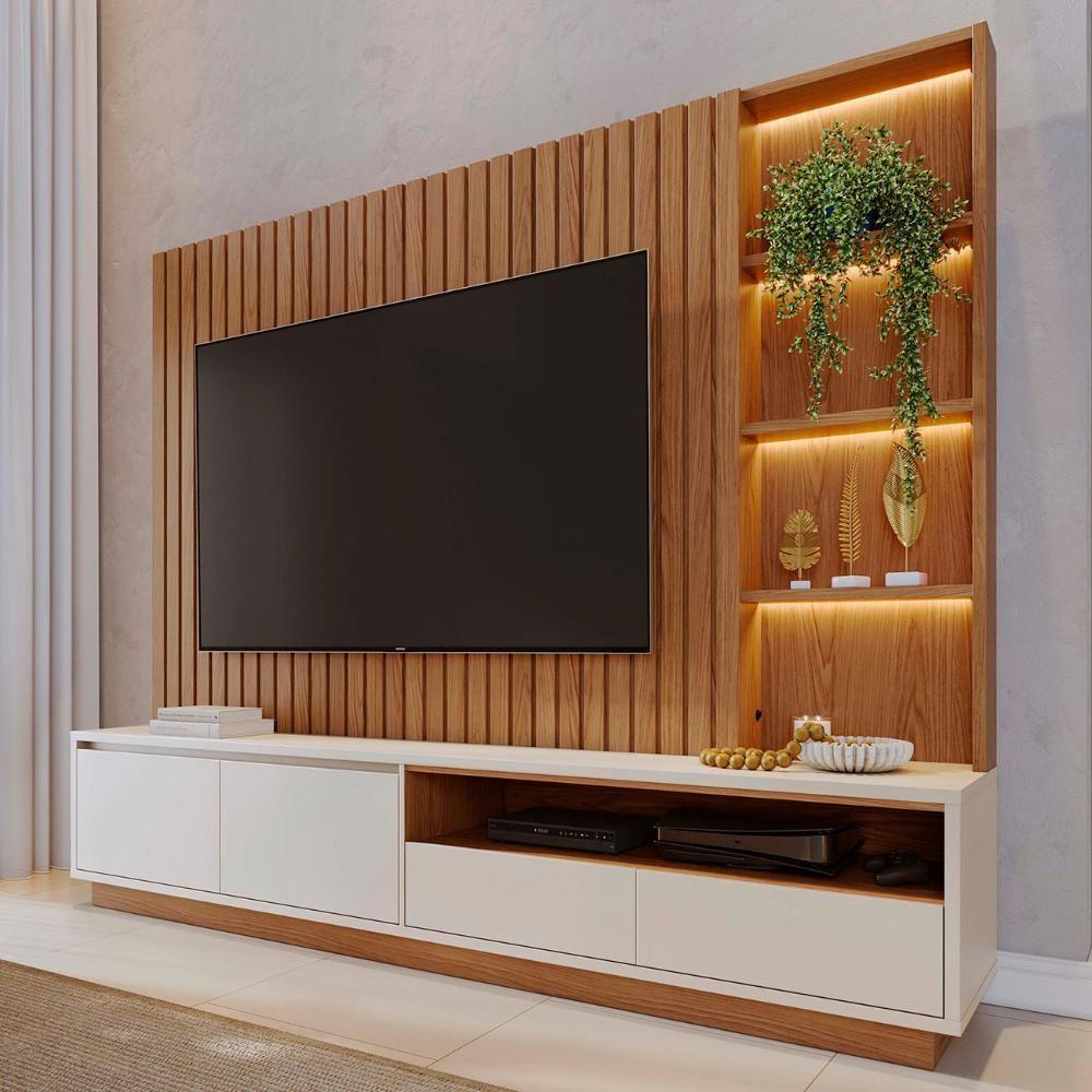 Miniatura Estante Painel TV 82 Polegadas 240cm Com Led Hawai Freijó Off White C05 - Mpozenato