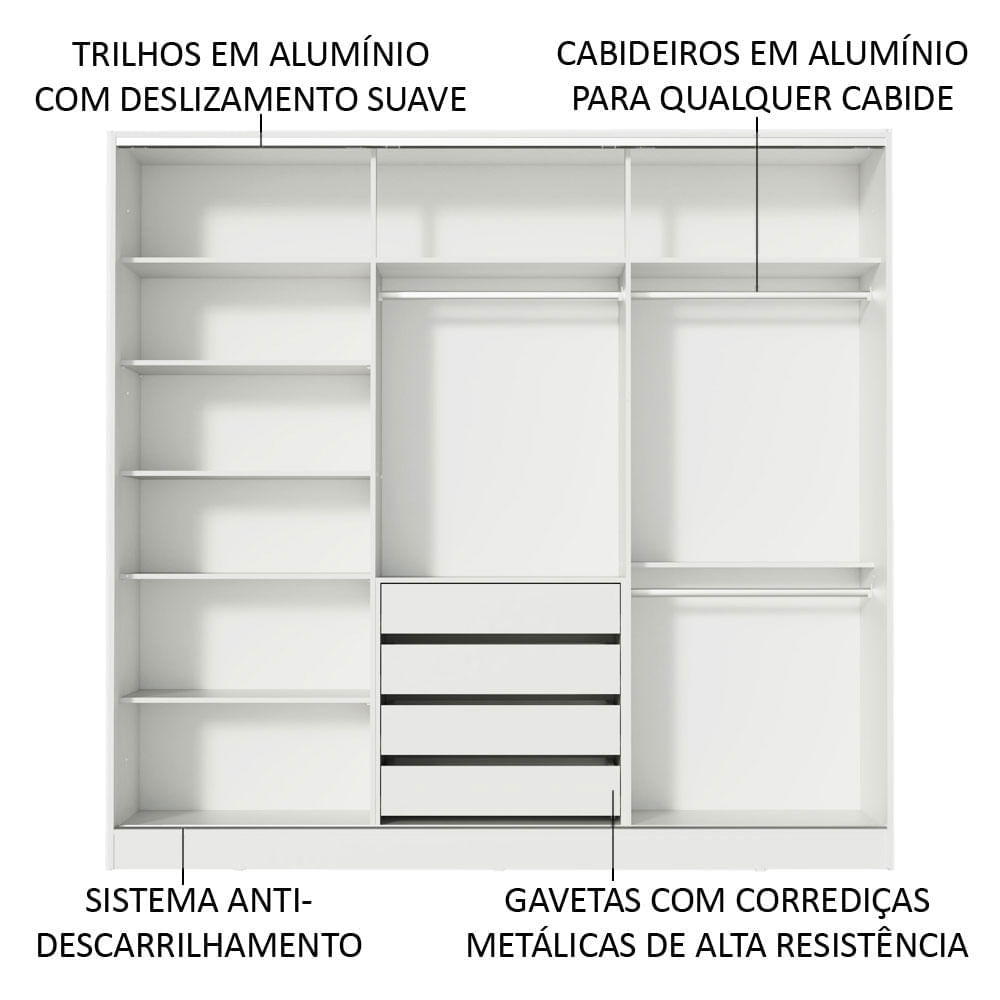 Miniatura Guarda Roupa Casal 100% MDF Madesa Zurique 3 Portas de Correr com Espelhos Branco/Preto Cor:Branco/Preto