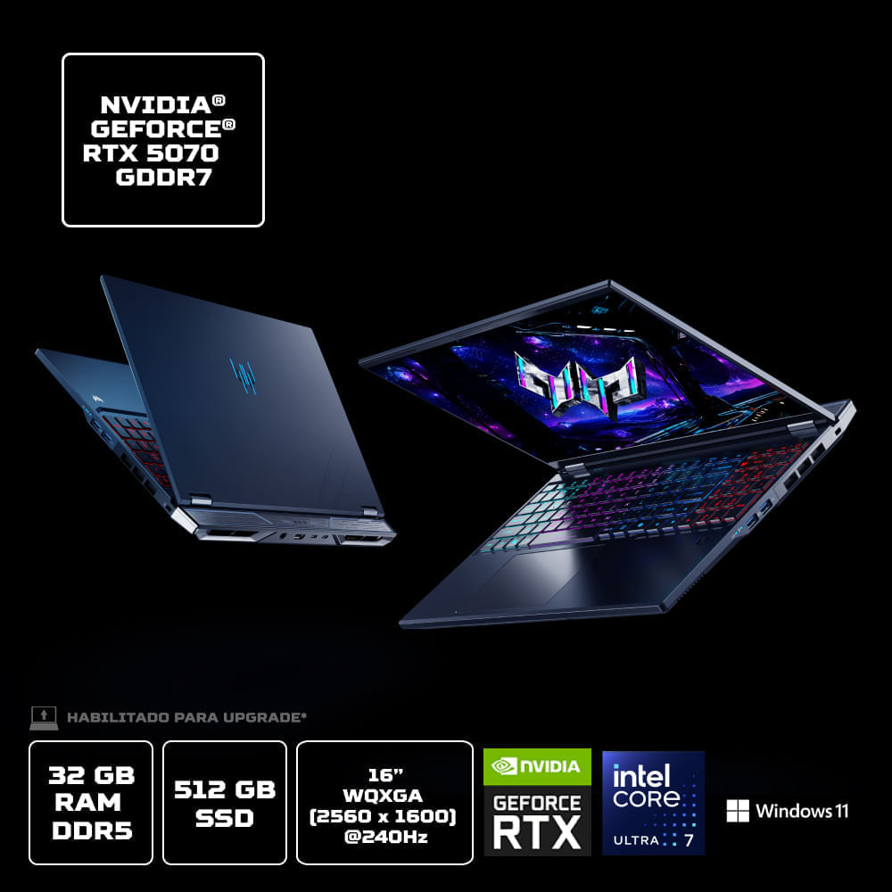 Miniatura Notebook Gamer Predator Helios Neo PHN16-73-76H8 Intel® Core™ Ultra 7 255HX 32GB RAM 512GB SSD RTX5070 W11 Home 16”