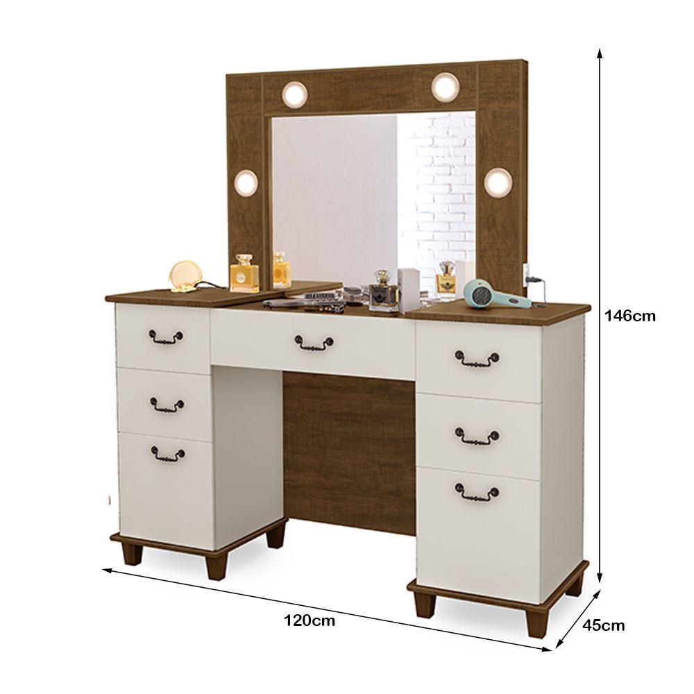 Miniatura Penteadeira Camarim Seul Com 6 Gavetas E Porta Objetos Com Tampo De Vidro E Led- Cor:Off White