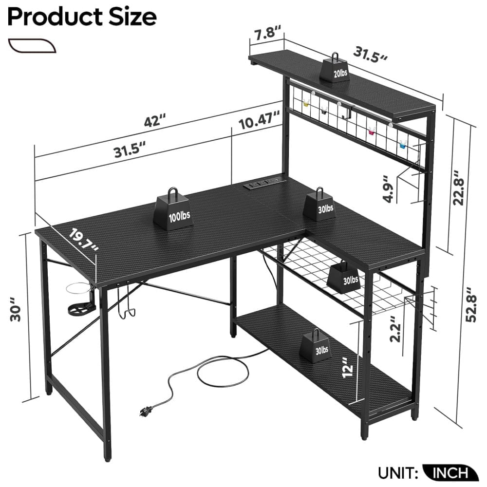 Miniatura Mesa Gamer de Fibra de Carbono, 42" 106 cm com Gancho para Fone de Ouvido, Luz LED, Porta-Copos, Tomadas, Mesa de Canto Reversível e Prateleiras, 110v