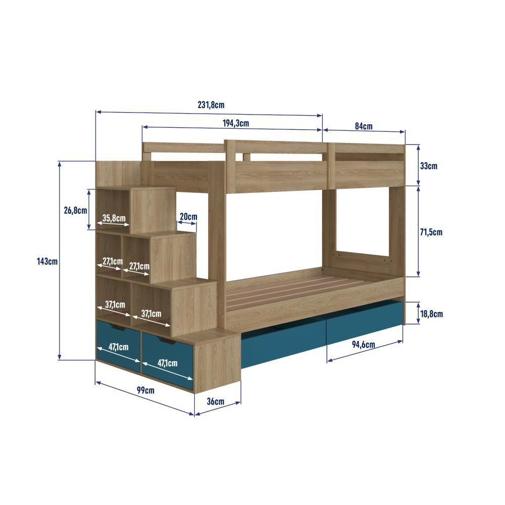 Cama Beliche Infantil Bicama Menino Menina 2,32m Com Escada, Nichos E Gavetas Com Rodas Aveiro Com Azul