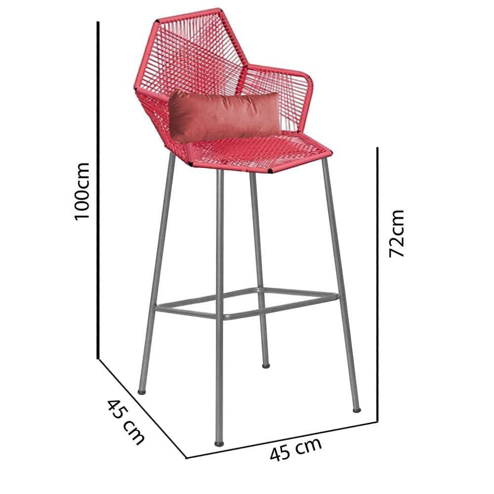 Miniatura Banqueta Alta Com Encosto Sttar Balcão Ferro Prata Fibra Coral Almofada Rose Gold