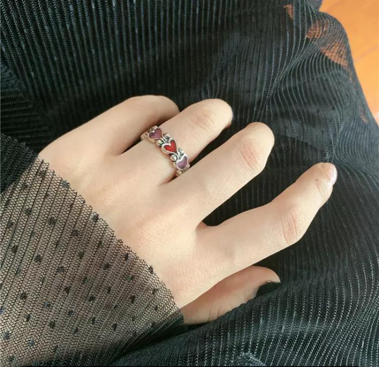 Miniatura Anel Formato Coração Prateado Colorido Vermelho Lilás