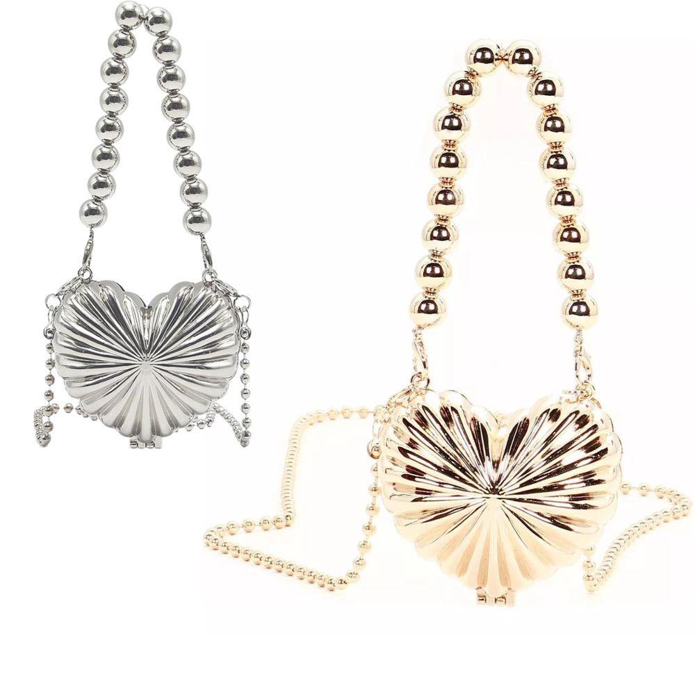 Miniatura Kit 2 Minis Bolsas Mini Bag Femininas Metalizada Formato De Coração Para Festa Prata E Dourado