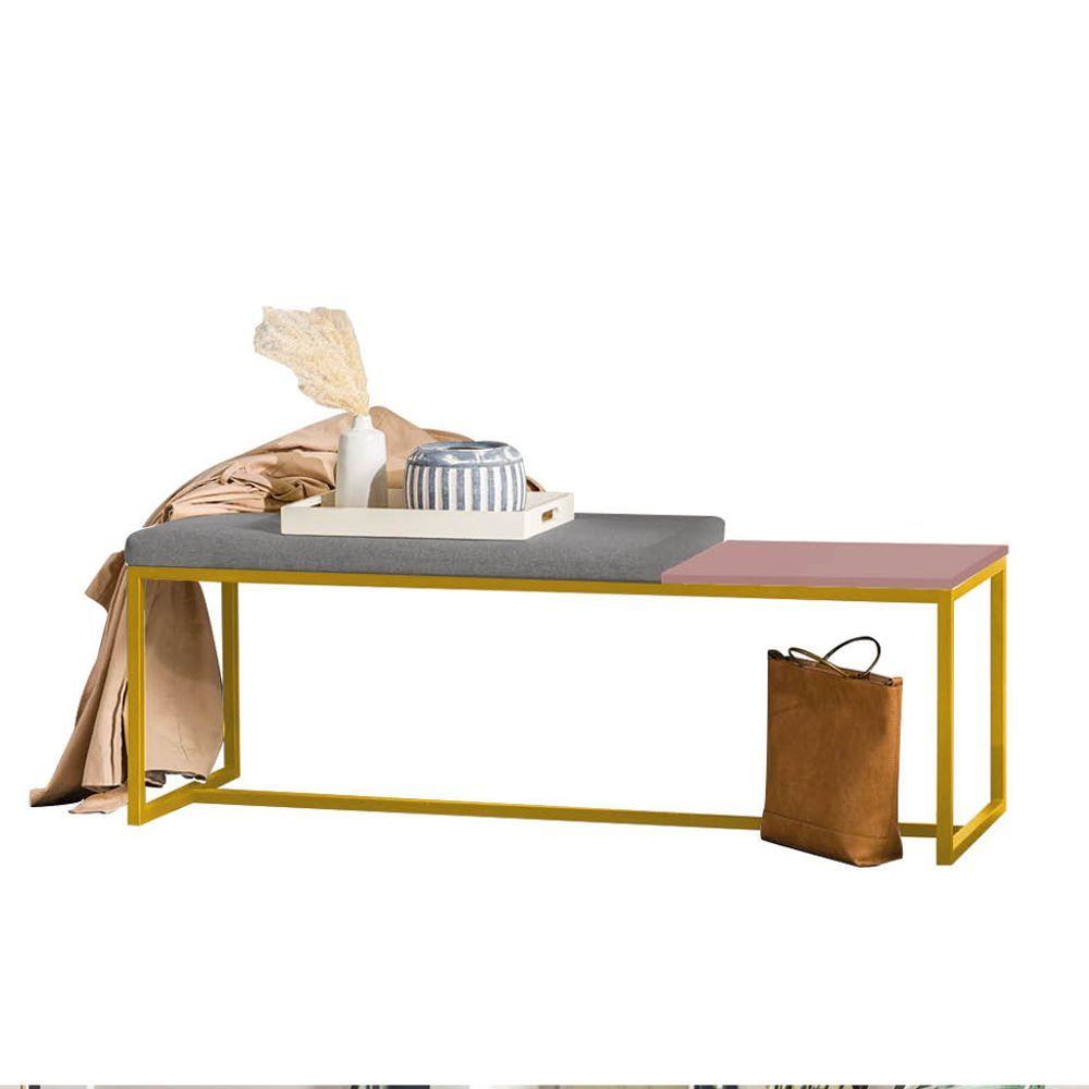Miniatura Banco Recamier Puff 195cm Industrial Dourado Suede Cinza Tampo Quadrado Rose