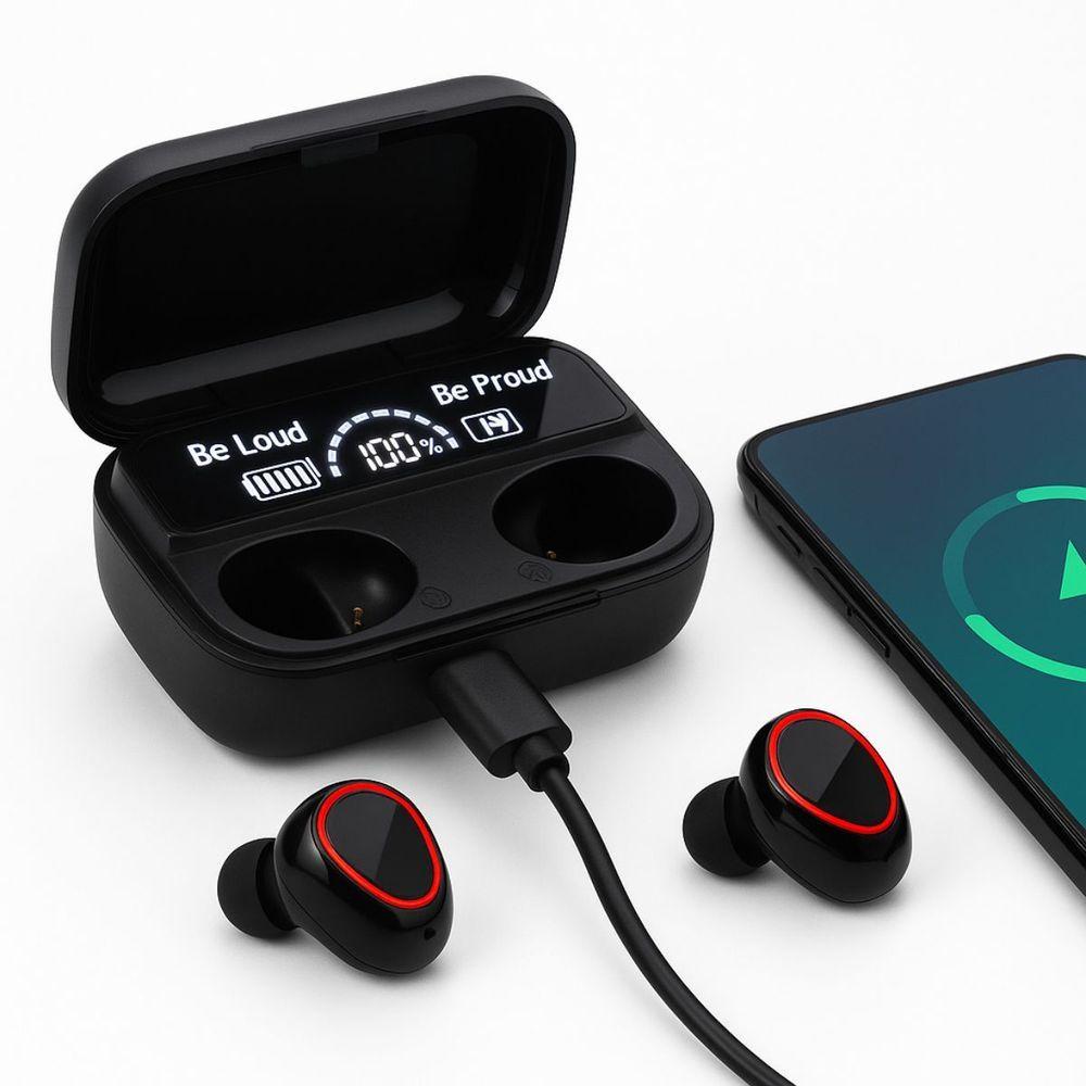 Miniatura Fone de Ouvido sem Fio Tws Digital com Áudio de Alta Qualidade Estojo Powerbank Tela LED Preto