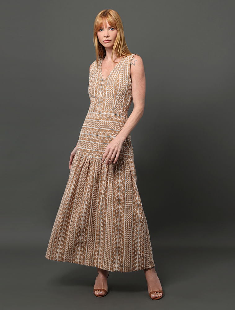 Miniatura Vestido Feminino Longo de Laise Calvin Klein - Caqui Medio Vestido Feminino Longo de Laise Calvin Klein Caqui Medio 36
