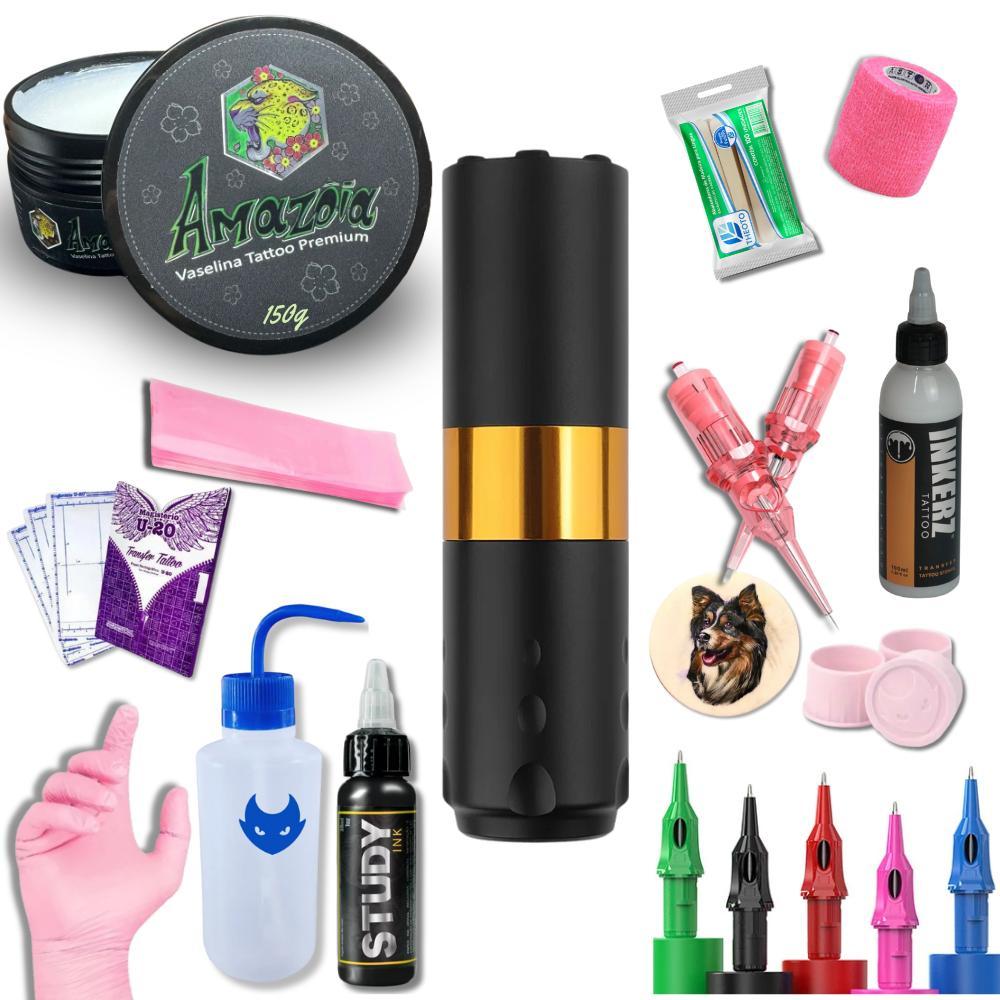 Miniatura Kit Tattoo Iniciante Completo Pen Dourada Bateria Tatuagem
