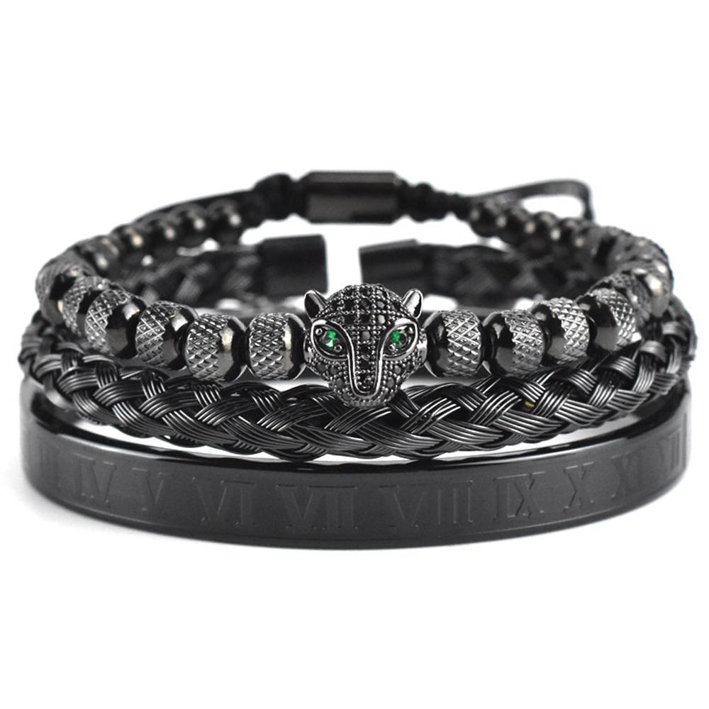 Miniatura Kit 3 Pulseiras Pantera Negra Aço Inoxidável Europeu Romano
