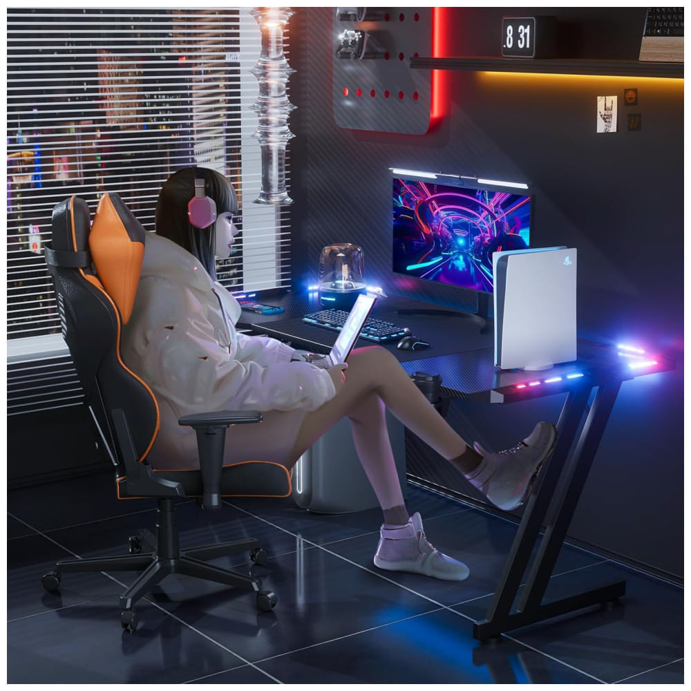 Miniatura Mesa Gamer Ergonômica 55" 139 cm com Superfície de Fibra de Carbono, Gancho para Fone de Ouvido, Luz LED e Porta-Copos, 110V, HLDIRECT MLHD14, Preto 110v