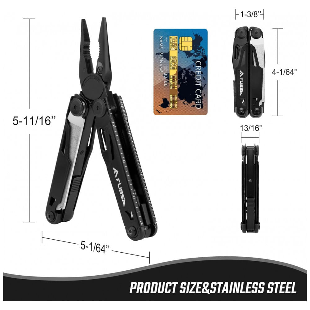 Alicate Multifuncional 16 em 1, Aço Inoxidável com Estojo de Nylon, Flissa, Preto