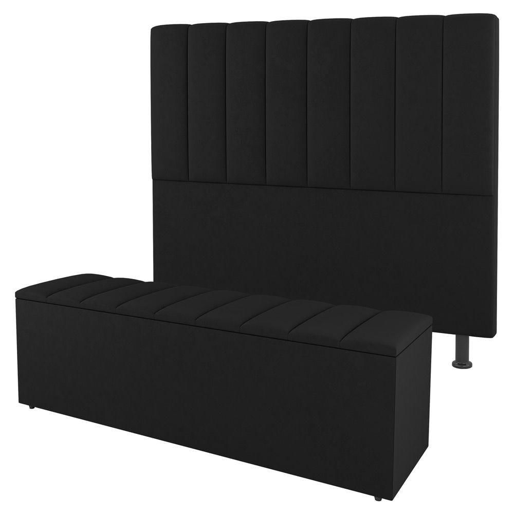 Miniatura Kit Cabeceira E Baú Cama Box Queen 160Cm Sintético Preto