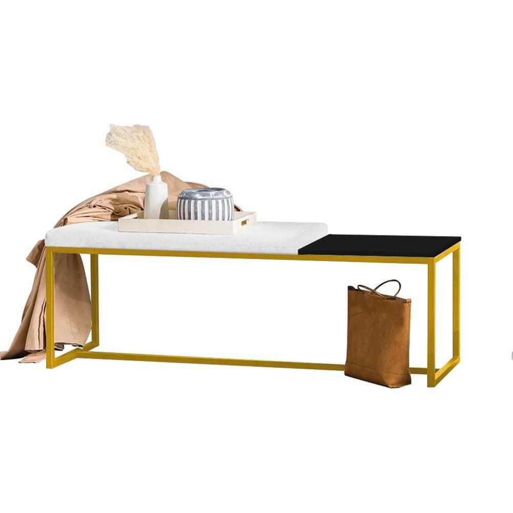 Miniatura Banco Recamier Puff 160cm Industrial Dourado Suede Branco Tampo Quadrado Preto
